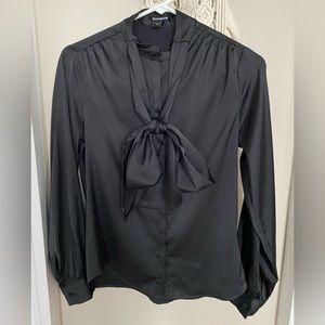 Black satin Express bow detail button up blouse